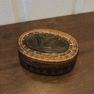 Vintage Sasak pottery and wicker earthenware bowl